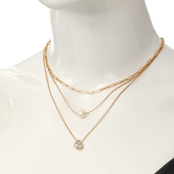 Three Chain Layered Necklace with Simple Pendants - Picture 3 of 5